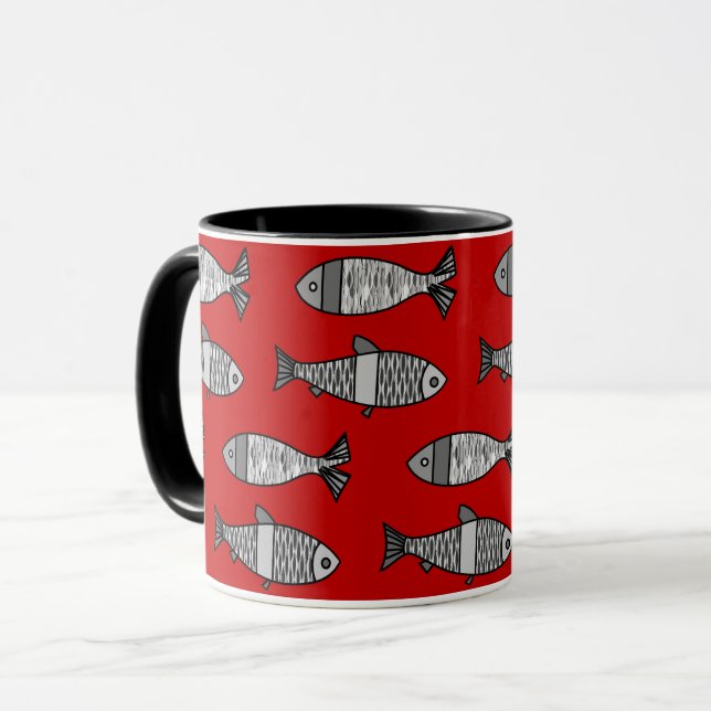Caneca Peixe Moderno Retroativo, Vermelho Profundo e Cinz (Frente Esquerda)