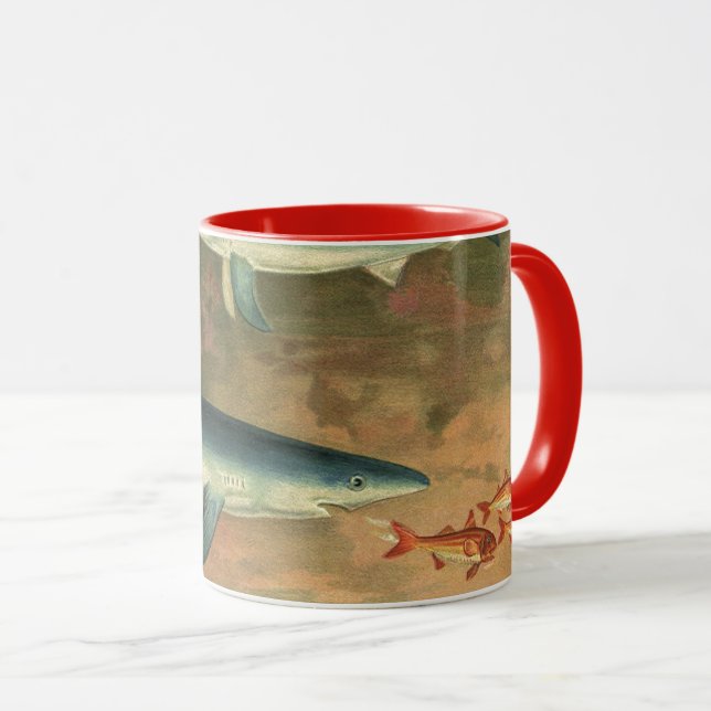 Caneca Peixes Alimentadores De Tubarões Azuis Vintage, Vi (Frente Esquerda)
