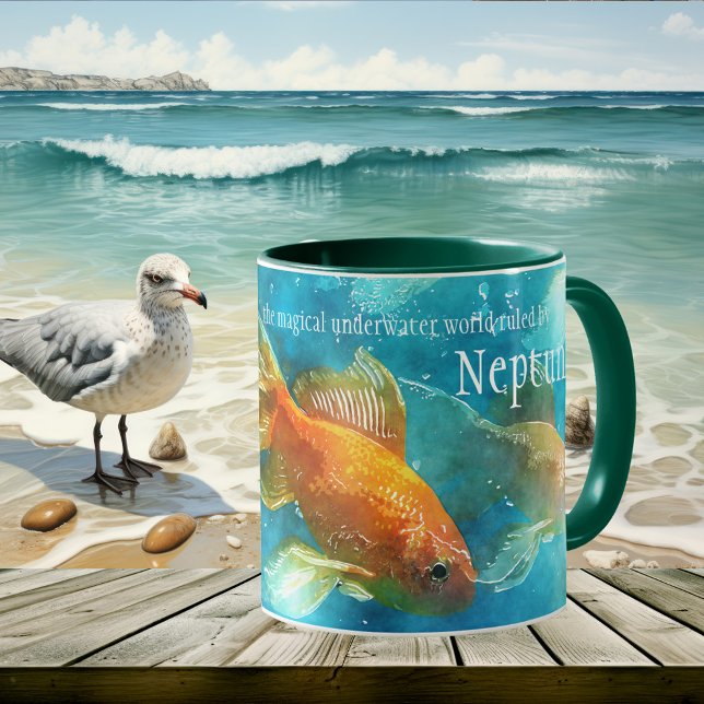 Caneca Peixes de Netuno Submarinos Peixes (Artistic mug featuring an underwater scene with colorful fish. For fishermen or Pisces star sign )