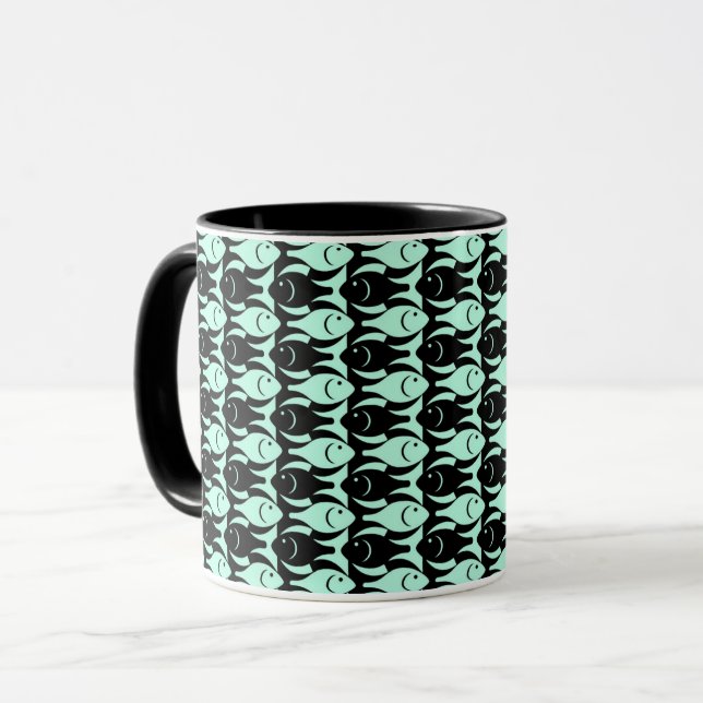 Caneca Peixes modernos do século médio, aqua e preto (Frente Esquerda)