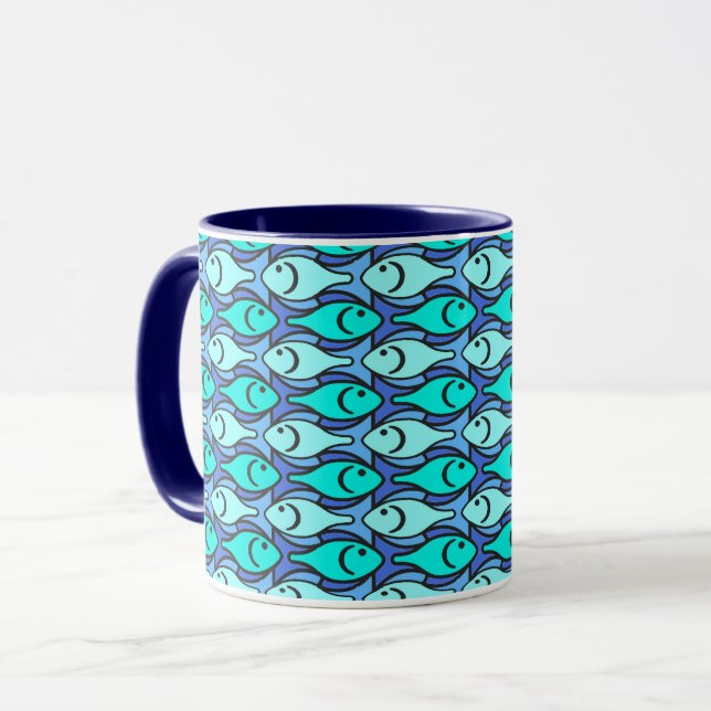 Caneca Peixes modernos do século médio, azul e aqua (Frente Esquerda)