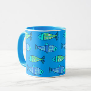 Caneca Peixes modernos retros, turquesa e azul Cerulean