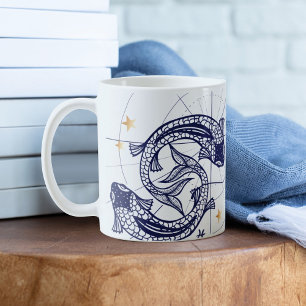 Caneca Peixes Zodiac Marinho Azul e Dourado Boca