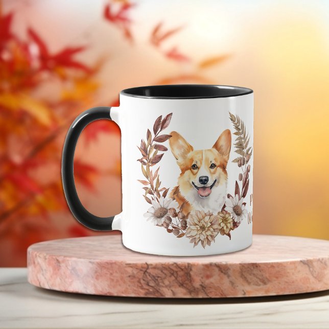 Caneca Pembroke Welsh Corgi Dog Autumn Wreath (Criador carregado)