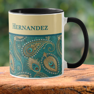 Caneca Pena de Pavão Paisley Azul Turquesa Dourado Nome V