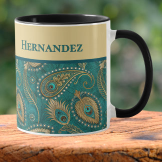 Caneca Pena de Pavão Paisley Azul Turquesa Dourado Nome V