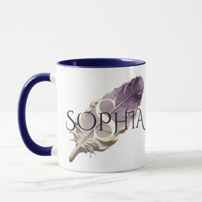 Caneca Pena Roxa Personalizada com Nome e Monograma (Esquerda)