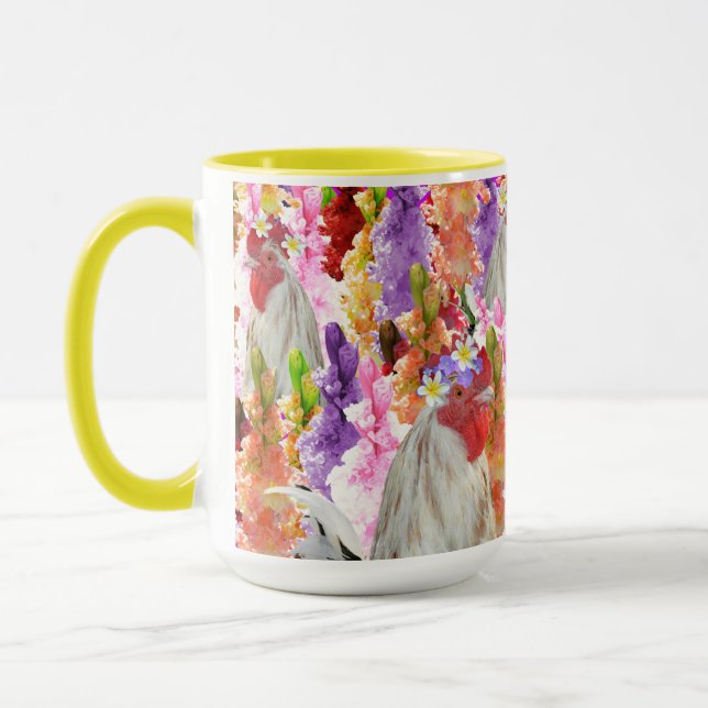 Caneca Penas e Sangue: Galo entre Hollyhocks (Esquerda)