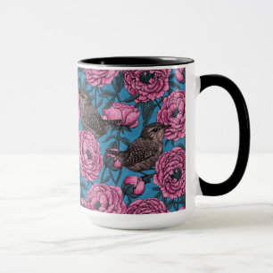 Caneca Peônias e chaves à mão azul