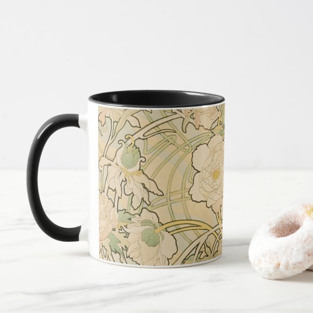 Caneca Peônias por Alphonse Mucha, Arte Novo Vintage (Com Donut)