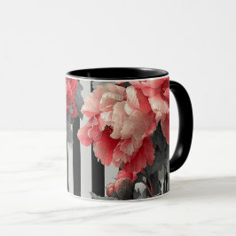 Caneca peonias rosa e listras pretas e brancas