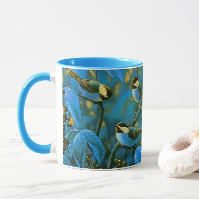 Caneca Pequenas aves amarelas azuis (Com Donut)