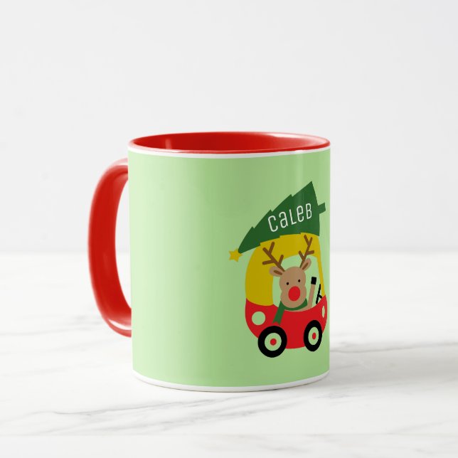 Caneca Pequeno Rena Vermelha Carro & Árvore de Natal Cria (Frente Esquerda)