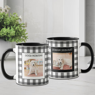 Caneca Personalização de Foto de Cachorro Gingham 2 Preto