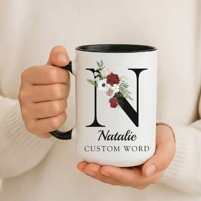 Caneca Personalizada com Alfabeto Floral como Pres (Personalized Monogram Floral Alphabet Mug for Mom, Grandma, Teacher, Nurse, Lawyer or Bridesmaid)