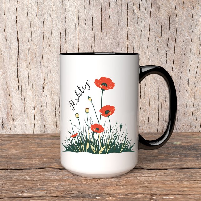 Caneca Personalizada com Flores de Papoula, Presen (poppy flowers mug, custom name mug, personalized name mug, birthday gift mug, Mother’s Day mug,)