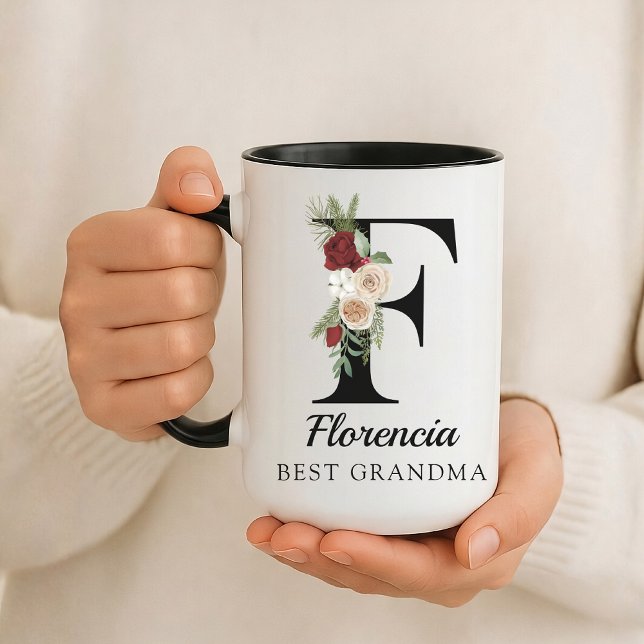 Caneca Personalizada com Monograma de Flores para  (Personalized Floral Alphabet Mug Gift for Mom, Teacher, Nurse, Doctor, Coworker, Boss or Bridesmaid)