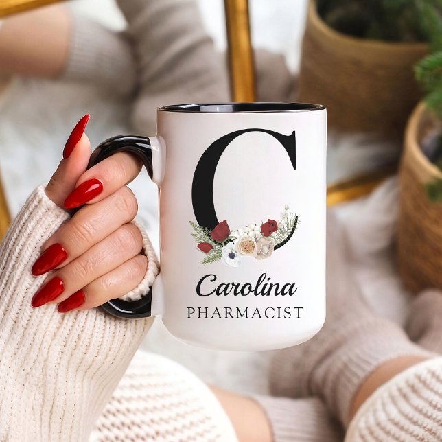 Caneca Personalizada com Monograma Floral para Enf (Personalized Floral Alphabet Mug Gift for Mom, Teacher, Nurse, Doctor, Coworker, Boss or Bridesmaid)