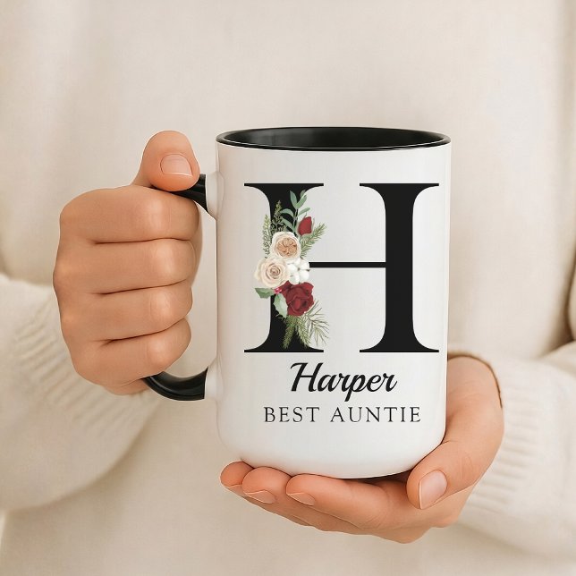 Caneca Personalizada com Monograma Floral para Tia (Personalized Floral Alphabet Mug Gift for Mom, Teacher, Nurse, Doctor, Coworker, Boss or Bridesmaid)