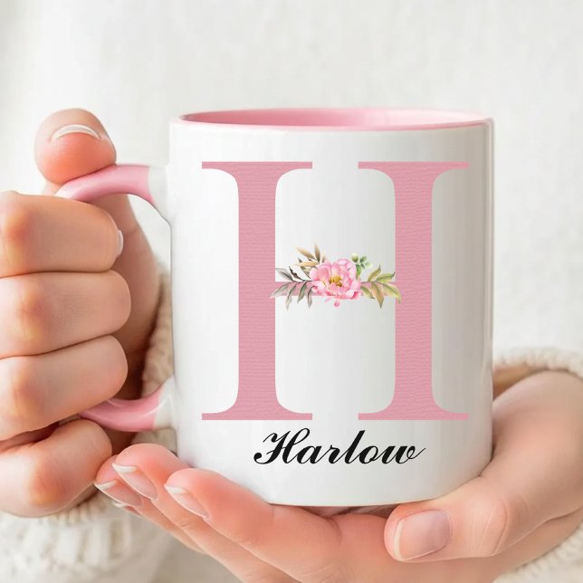 Caneca Personalizada com Monograma Floral Rosa par (Custom Pink Floral Monogram Mug Gift for Her, Wildflower Initial Name Mug Birthday Gift for Her Mom)