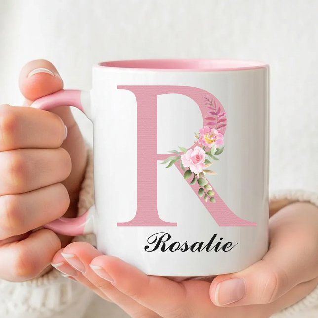Caneca Personalizada com Rosas Cor-de-Rosa para Pr (Personalized Rose Mug Christmas Gift for Her, Floral Monogram Coffee Mug Thank You Gift for Her)