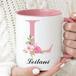 Caneca Personalizada com Rosas Rosa e Monograma Pr