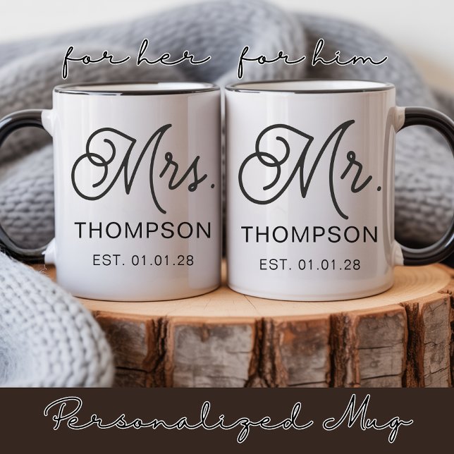 Caneca Personalizada de Casal Presente de Casament (Personalized Husband and Wife Mug Anniversary Gift, Modern Script Newlyweds Mug Gift for Her or Him)