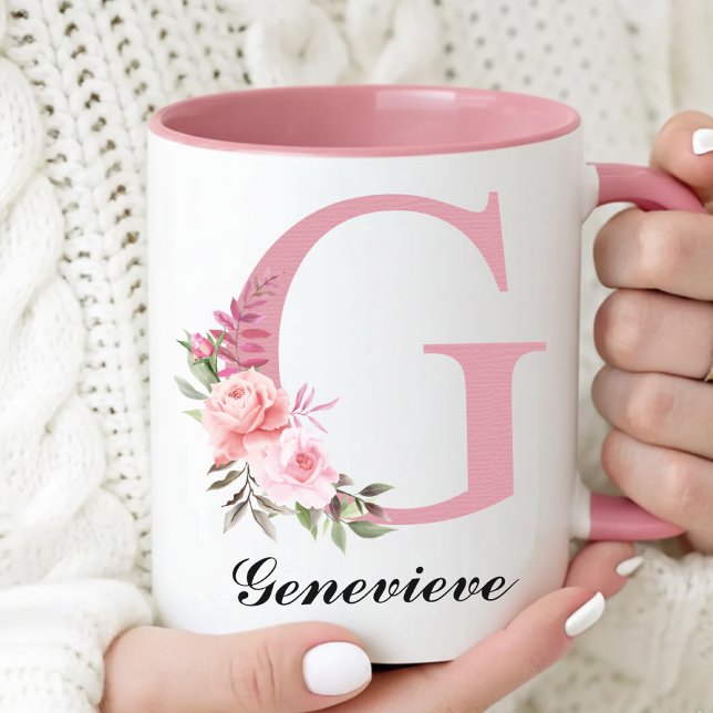 Caneca Personalizada de Flor Silvestre Rosa Presen (Personalized Pink Monogram Mug Mother’s Day Gift for Mom, Floral Initial Coffee Mug Gift for Grandma)