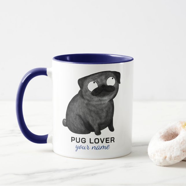 Caneca Personalizada de Pug, Nome e Frase Personal (Com Donut)