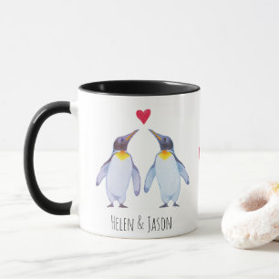 Caneca personalizada do casal do pinguim nomes