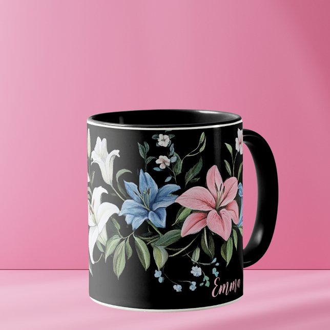 Caneca Personalizada Floral Preta Elegante (Criador carregado)