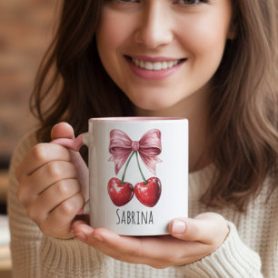 Caneca Personalizada "Sabrina" Cereja & Laço Rosa 