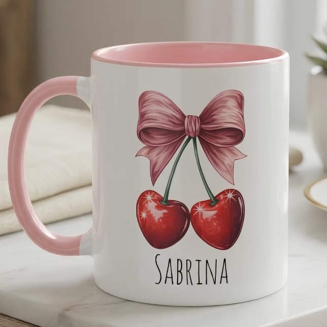 Caneca Personalizada "Sabrina" Cereja & Laço Rosa  (Criador carregado)