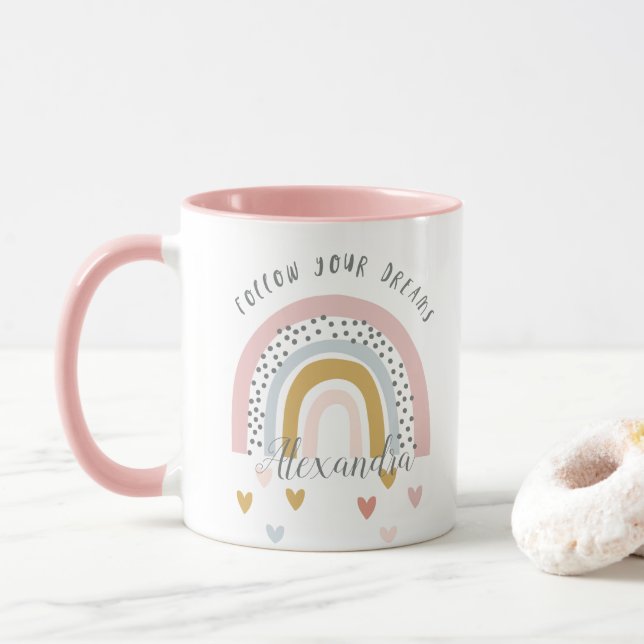 Caneca Personalizado Siga Seus Sonhos Nome Rosa Do Arco-Í (Com Donut)