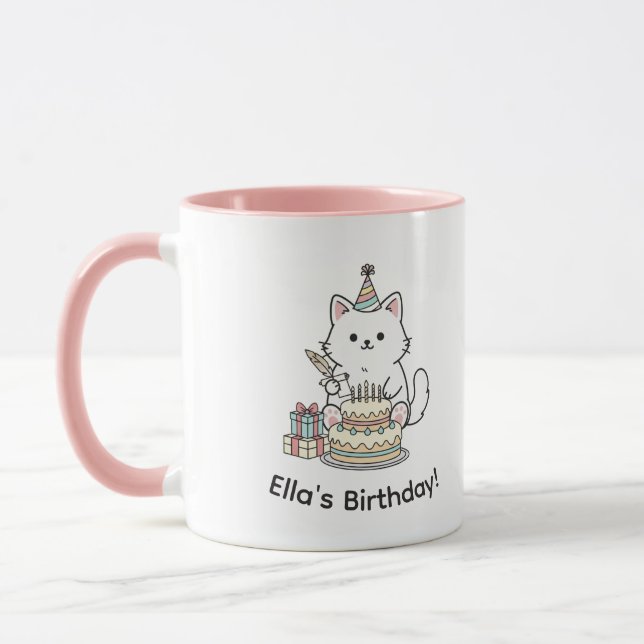 Caneca "Personalizável" Bolo de Aniversário de Gato Diver (Esquerda)