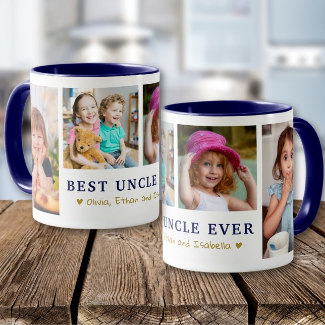 Caneca Personalized Best Uncle Ever 4 Photo Blue Gold  (Criador carregado)