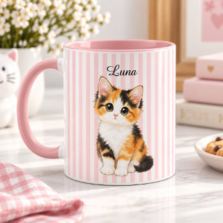 Caneca Personalized Calico Kitten Name Pink Striped Coffe