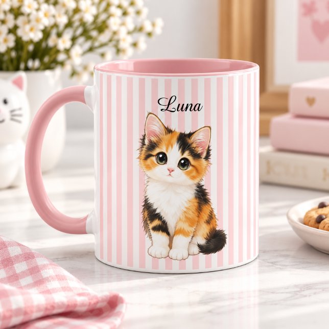 Caneca Personalized Calico Kitten Name Pink Striped Coffe (Criador carregado)