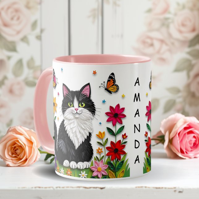 Caneca Personalized Cat, Flowers and Butterflies   (Criador carregado)