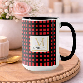 Caneca Personalized Checkered Name Mug Red Black Stripe