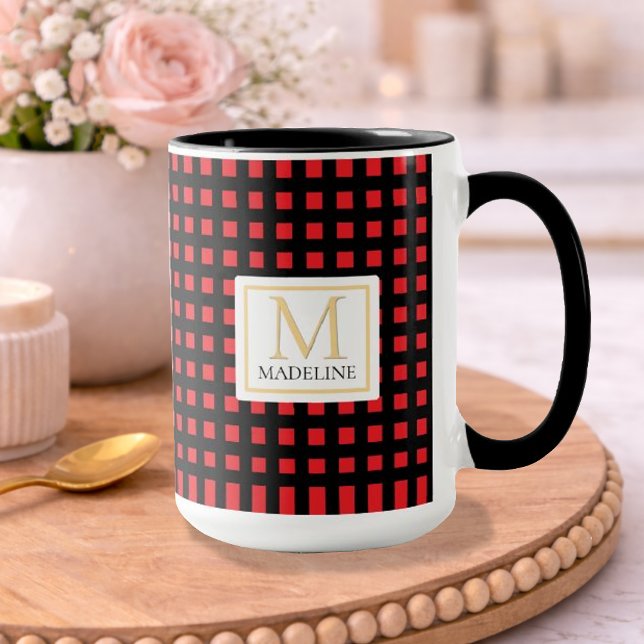 Caneca Personalized Checkered Name Mug Red Black Stripe (Criador carregado)