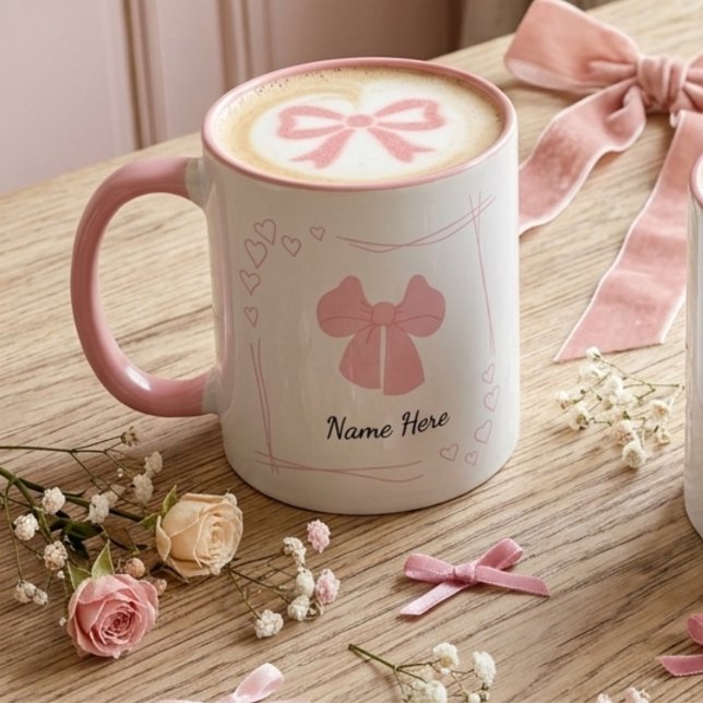Caneca Personalized Coquette Pink Bow Coffee Mug (Custom text ceramic coquette pink bow mug with pink handle)