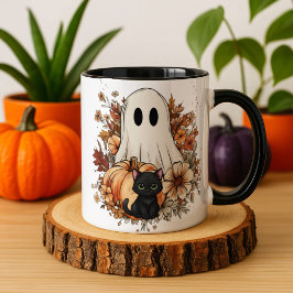 Caneca Personalized Cute Ghost and Black Cat Autumn Mug