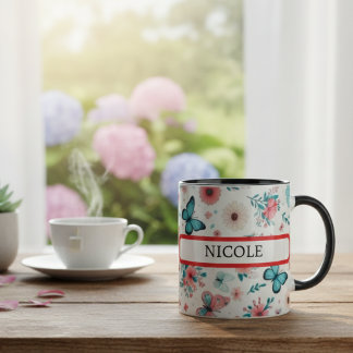 Caneca “Personalized Floral Butterfly Coffee Mug for Gift
