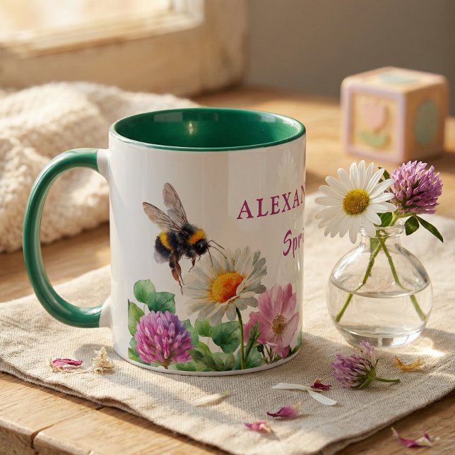Caneca Personalized Green Watercolor Bee Spring Vibes (Criador carregado)