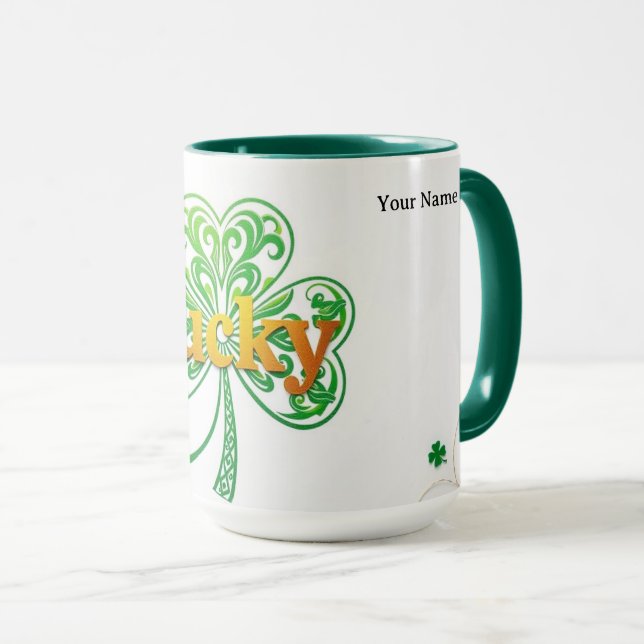 Caneca Personalized Lucky Shamrock Green Pattern  (Frente Esquerda)
