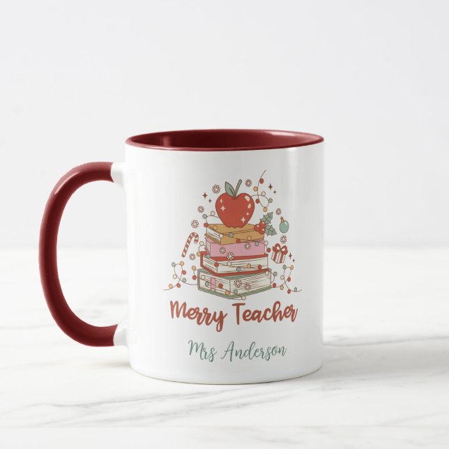 Caneca Personalized Merry Teacher Christmas Tree Books  (Esquerda)