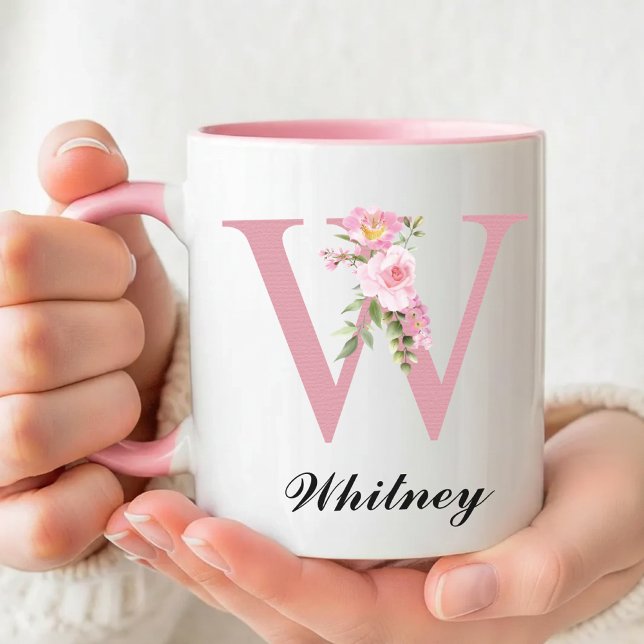 Caneca Personalized Rose Floral Mug Birthday Gift for Her (Rose Monogram Mug Bridal Shower Gift for Her, Floral Pink Mug Bridesmaid Proposal Gift for Her)