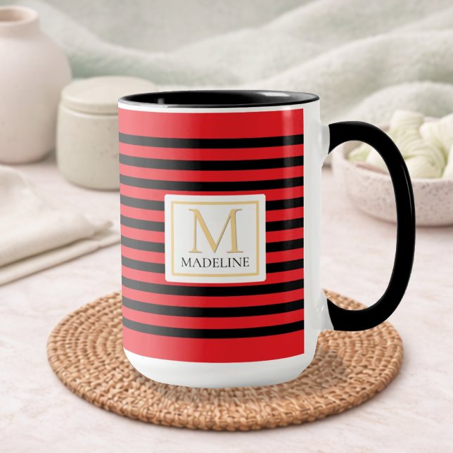 Caneca Personalized Stripe Name Mug Red Black White (Criador carregado)