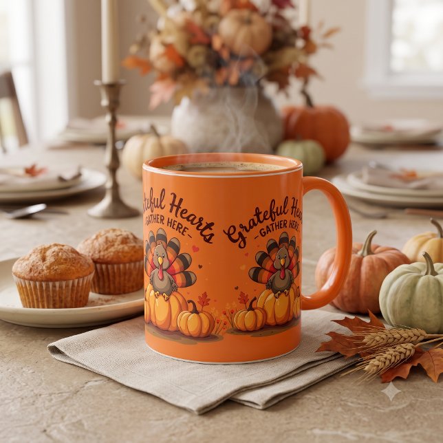 Caneca Peru de Ação de Graças de Corações Gratos Laranja (Grateful Hearts Thanksgiving Turkey Orange Mug)